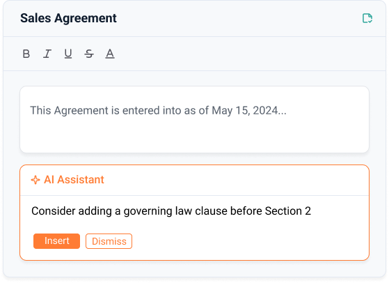 AI document editor with Sales Agreement draft